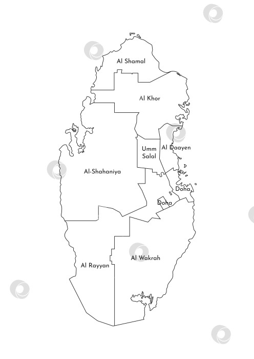 Скачать Векторная изолированная иллюстрация упрощенной административной карты Катара. Границы и названия регионов. Силуэты черными линиями. фотосток Ozero
