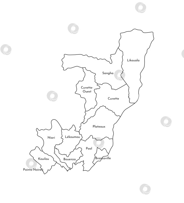 Скачать Векторная изолированная иллюстрация упрощенной административной карты Республики Конго. Границы и названия департаментов, регионов. Силуэты черной линией. фотосток Ozero