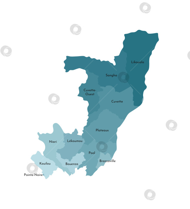 Скачать Векторная изолированная иллюстрация упрощенной административной карты Республики Конго. Границы и названия департаментов, регионов. Красочные силуэты синего цвета хаки. фотосток Ozero