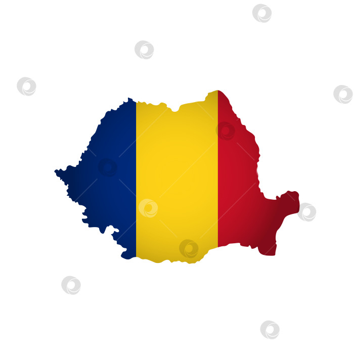 Скачать Векторная изолированная иллюстрация с румынским национальным флагом и упрощенной формой карты Румынии. Объемная тень на карте. Белый фон фотосток Ozero
