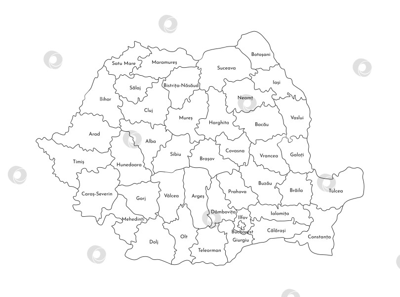Скачать Векторная изолированная иллюстрация упрощенной административной карты Румынии. Границы и названия округов. Силуэты черных линий. фотосток Ozero