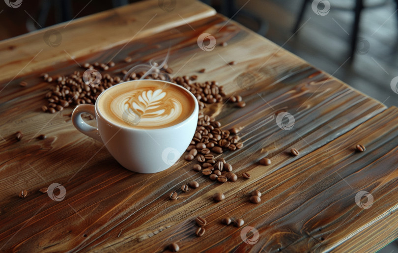 Скачать Дымящаяся чашка кофе с пенкой в форме сердца, поставленная на деревянную поверхность с рассыпанными кофейными зернами, излучает тепло и уют фотосток Ozero