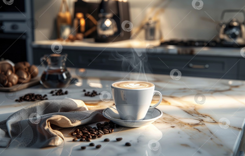 Скачать Теплая, манящая фотография, на которой запечатлена дымящаяся чашка кофе в окружении рассыпанных кофейных зерен на кухонном столе во время золотого часа фотосток Ozero