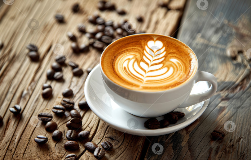 Скачать Теплая чашка кофе латте арт на деревянной поверхности, окруженная рассыпанными кофейными зернами, создает уютную, ароматную атмосферу фотосток Ozero