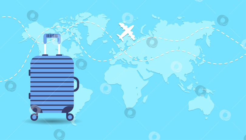 Скачать Синий чемодан на фоне с картой, маршрутом путешествия фотосток Ozero