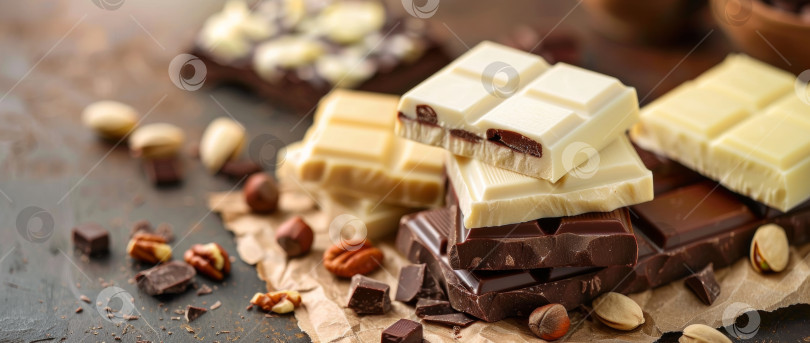 Скачать Шоколадные батончики ассорти с миндалем, лесными орехами и фисташками, предлагающие разнообразные варианты молочного и темного шоколада фотосток Ozero