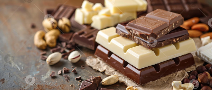 Скачать Ассортимент шоколадных батончиков с орехами на деревянной поверхности в деревенском стиле, демонстрирующих насыщенный темный, сливочно-молочный и гладкий белый шоколад фотосток Ozero