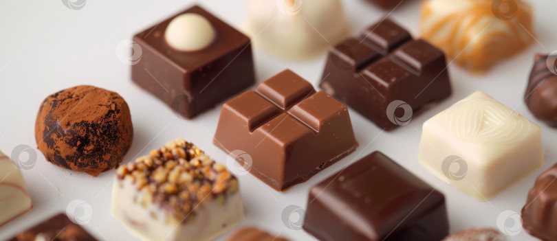 Скачать Коллекция шоколадных конфет в ассортименте, включая белые, молочные и темные сорта, некоторые с орехами и начинками, элегантно разложенные на светлой поверхности фотосток Ozero