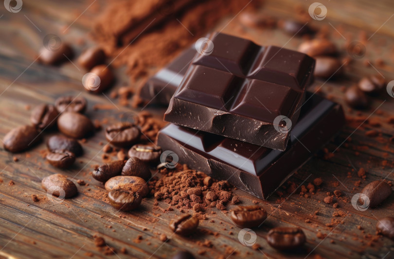 Скачать Плитка насыщенного темного шоколада на грифельной доске, вокруг рассыпаны кофейные зерна, а в миске - какао-порошок, что создает восхитительное сочетание вкусов фотосток Ozero