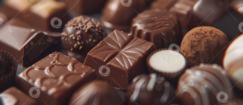 Скачать Ассортимент роскошных шоколадных конфет с различными начинками, включая темные, молочные и белые сорта, элегантно оформленные фотосток Ozero