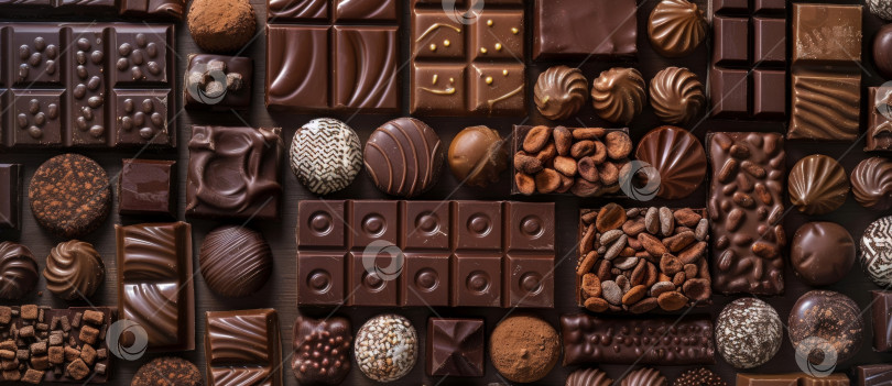 Скачать Элегантно выставленные кусочки шоколада различных форм и размеров демонстрируют ассортимент начинок и текстур фотосток Ozero