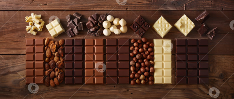 Скачать Разнообразные шоколадные батончики, включая белый, молочный и темный шоколад, с орехами на темной поверхности фотосток Ozero