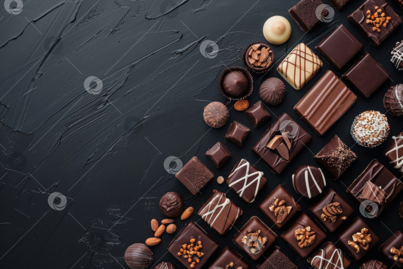 Скачать Шоколадное ассорти и орехи искусно разложены на темном грифельном фоне с местом для копирования слева фотосток Ozero