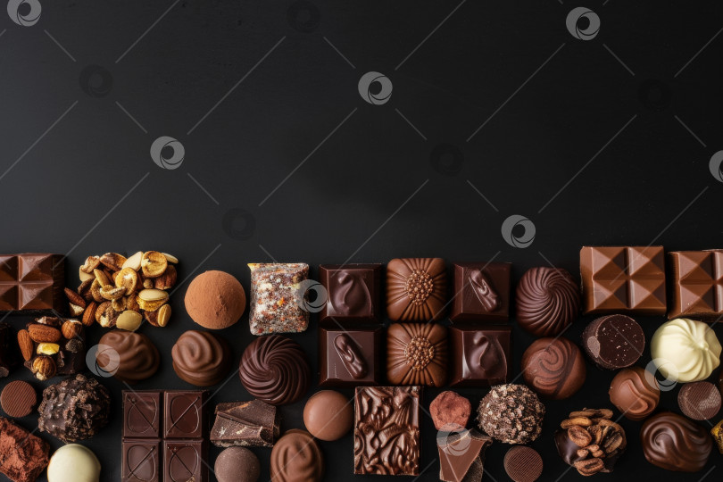 Скачать Ассорти шоколадных конфет и орехов, искусно разложенных на темном грифельном фоне с местом для копирования фотосток Ozero