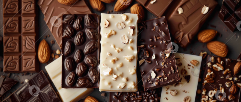 Скачать Множество шоколадных батончиков, включая белый, молочный и темный шоколад, с орехами на темной поверхности фотосток Ozero
