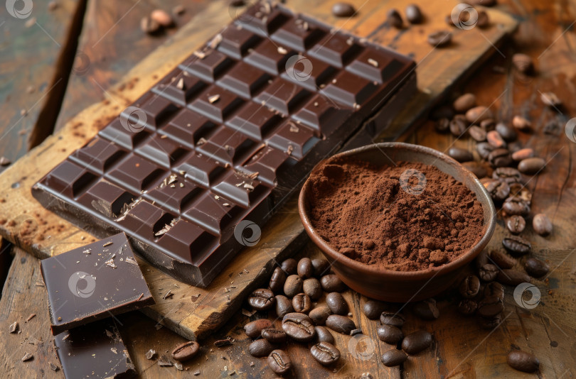 Скачать Плитка насыщенного темного шоколада на грифельной доске, вокруг рассыпаны кофейные зерна, а в миске - какао-порошок, что создает восхитительное сочетание вкусов фотосток Ozero