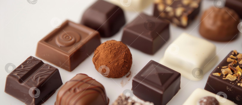 Скачать Коллекция шоколадных конфет в ассортименте, включая белые, молочные и темные сорта, некоторые с орехами и начинками, элегантно разложенные на светлой поверхности фотосток Ozero