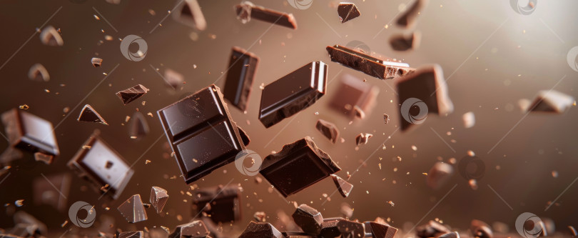 Скачать Кусочки плиток темного шоколада парят в воздухе вместе с шоколадной пылью и кусочками, разбросанными вокруг, на бежевом фоне фотосток Ozero