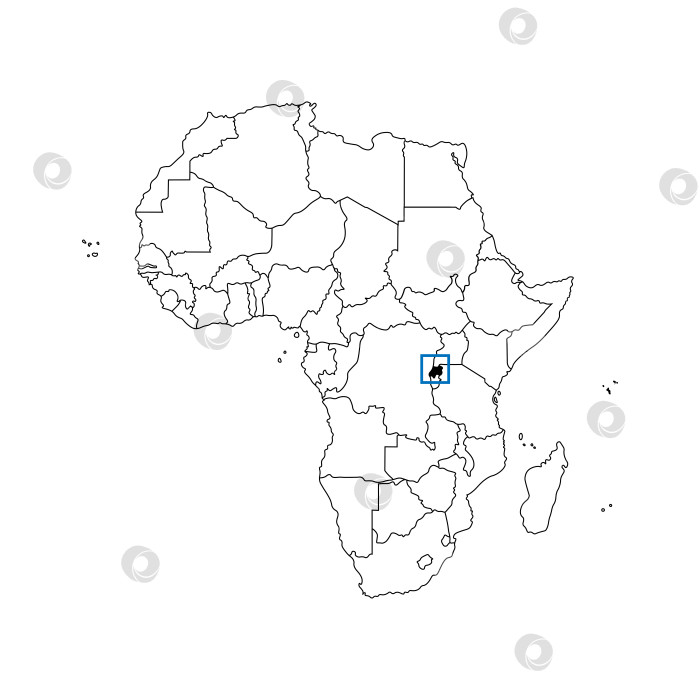 Скачать Векторная изолированная иллюстрация с изображением Африканского континента с границами всех государств. Политическая карта Республики Руанда с черным контуром. Белый фон. фотосток Ozero