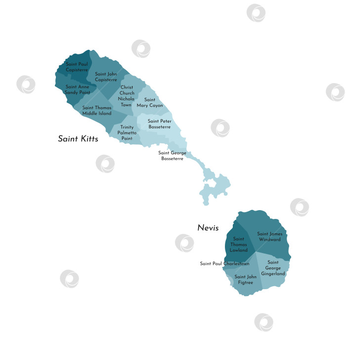 Скачать Векторная изолированная иллюстрация упрощенной административной карты Сент-Китса и Невиса. Границы и названия приходов, регионов. Красочные силуэты синего цвета хаки. фотосток Ozero