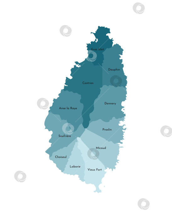 Скачать Векторная изолированная иллюстрация упрощенной административной карты Сент-Люсии. Границы и названия кварталов, регионов. Красочные силуэты синего цвета хаки фотосток Ozero