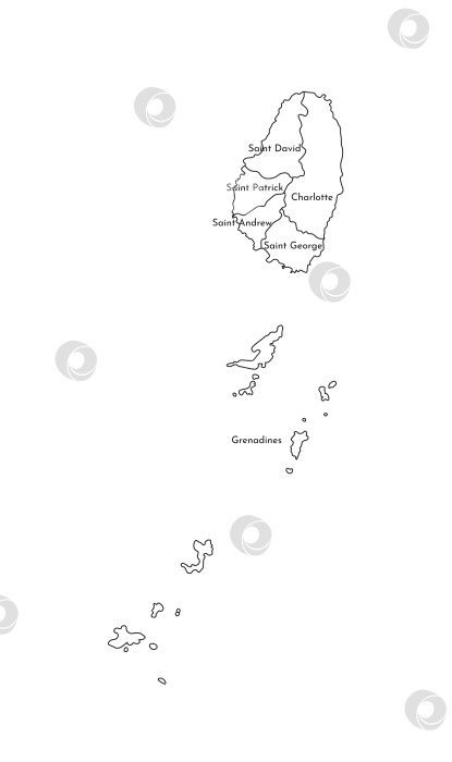 Скачать Векторная изолированная иллюстрация упрощенной административной карты Сент-Винсента и Гренадин. Границы и названия приходов, регионов. Силуэты черными линиями. фотосток Ozero
