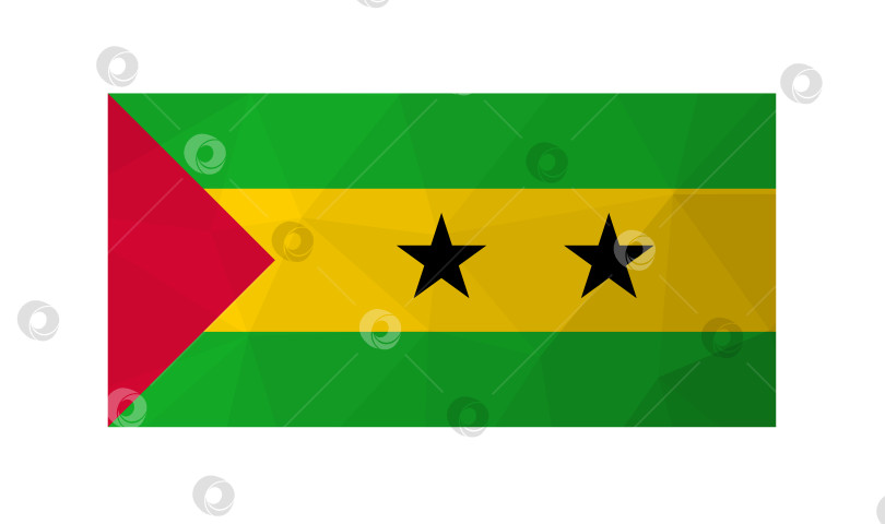 Скачать Векторная иллюстрация. Официальный флаг Сан-Томе и Принсипи. Национальный флаг с черными звездами и красными, желтыми, зелеными цветами. Дизайн в стиле low poly с треугольными формами фотосток Ozero