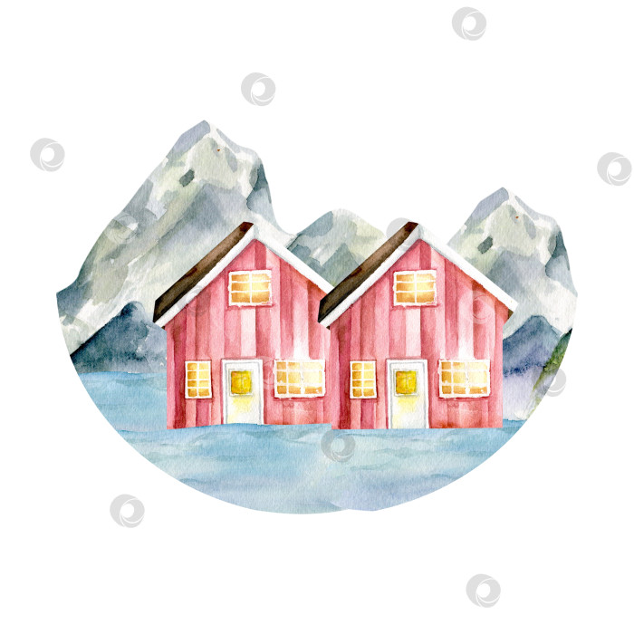 Скачать Акварельная иллюстрация северного пейзажа на открытом воздухе с красными деревянными домами в скандинавском стиле. Путешествие, наклейка с изображением фьордов, мирная природа фотосток Ozero