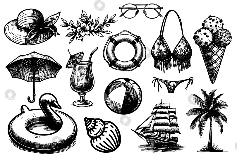 Скачать Набор черно-белых рисунков пляжных принадлежностей, таких как зонтики, солнцезащитные очки фотосток Ozero