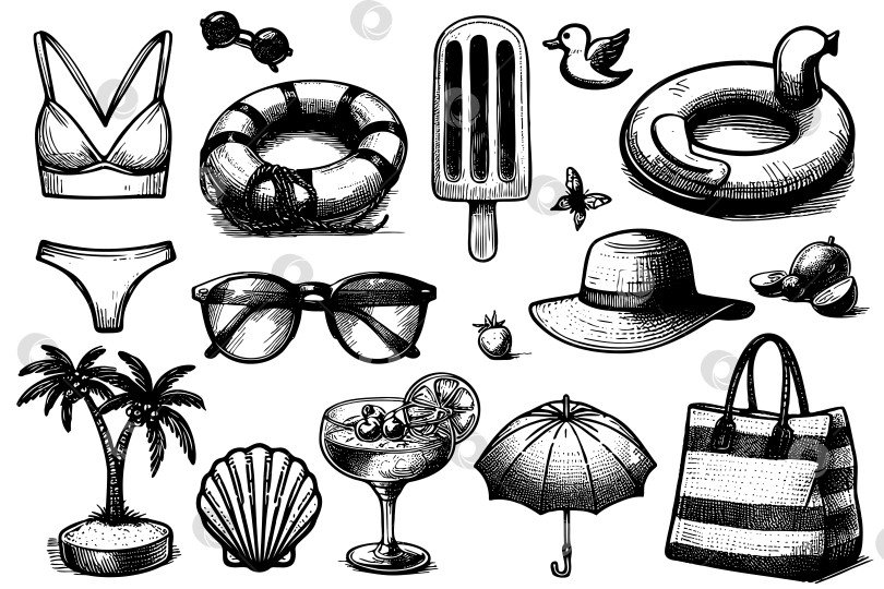 Скачать Коллекция пляжных принадлежностей, включающая бикини, солнцезащитные очки, шляпу фотосток Ozero