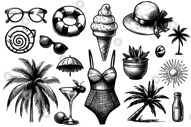 Скачать Набор пляжных предметов с рисунками, включающий пальму, шляпу, бикини фотосток Ozero