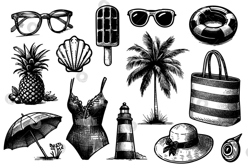 Скачать Коллекция пляжных принадлежностей, включая бикини, солнцезащитные очки, шляпу фотосток Ozero