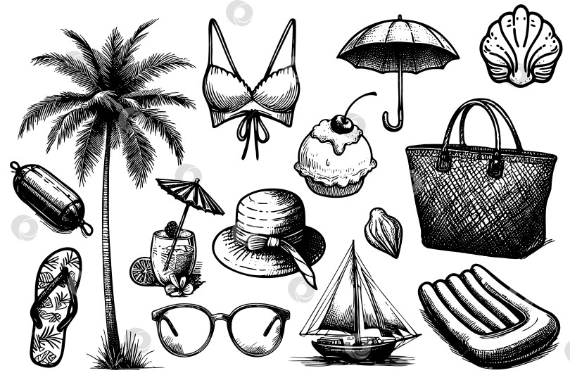 Скачать Набор пляжных принадлежностей, включающий пальму, солнцезащитные очки, шляпу, зонтик фотосток Ozero