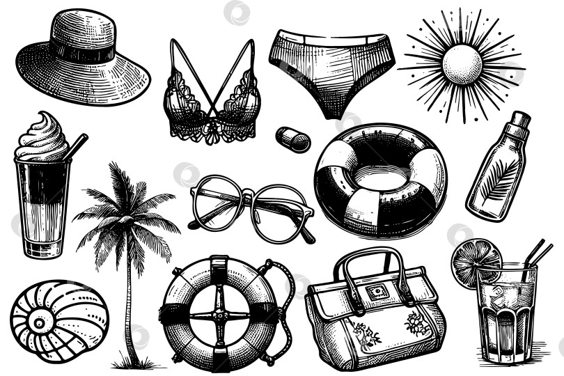 Скачать Коллекция пляжных принадлежностей, включая шляпу, бикини, солнцезащитные очки фотосток Ozero