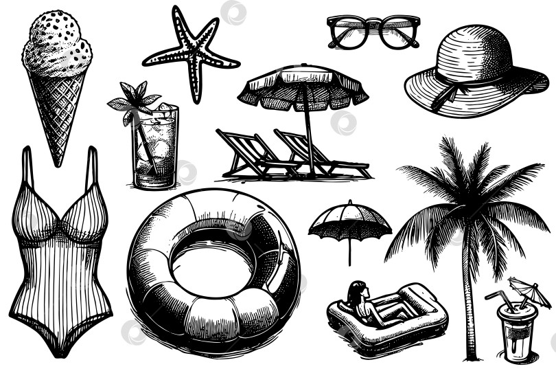 Скачать Набор пляжных принадлежностей с рисунками, включая бикини, поплавок для бассейна фотосток Ozero