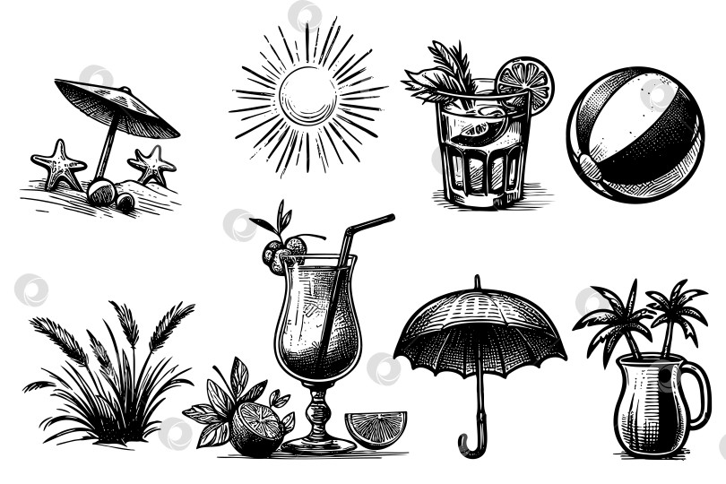 Скачать Набор черно-белых рисунков различных напитков и пляжных принадлежностей фотосток Ozero