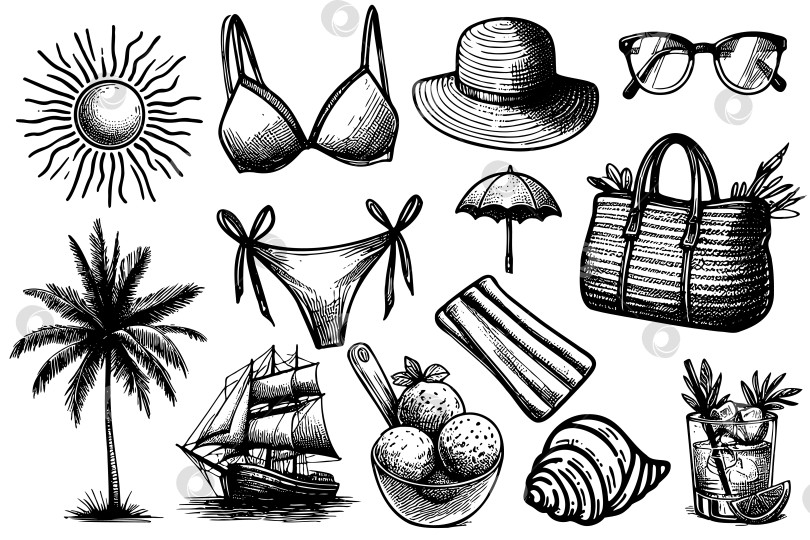 Скачать Набор иллюстраций на пляжную тематику, включая пальму, корабль, бикини фотосток Ozero