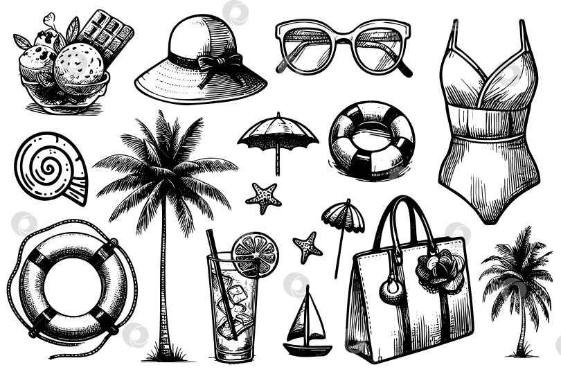 Скачать Коллекция предметов, связанных с пляжем, включая пальму, зонтик, солнцезащитные очки фотосток Ozero