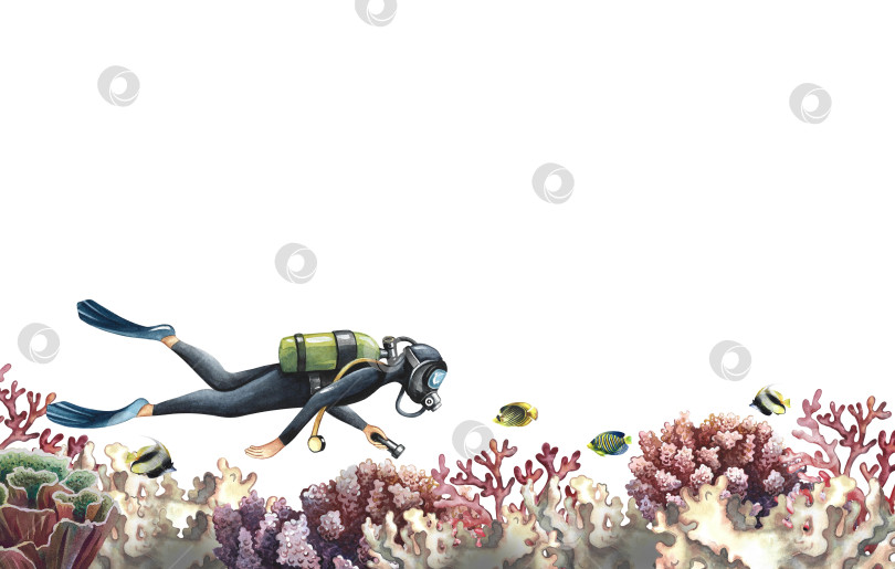 Скачать Баннер с ныряльщиком, плавающим под водой. Бордюр с подводным путешествием. Ручная акварельная роспись. Концепция этикеток, визиток и баннеров, листовок и брошюр, открыток и упаковки фотосток Ozero