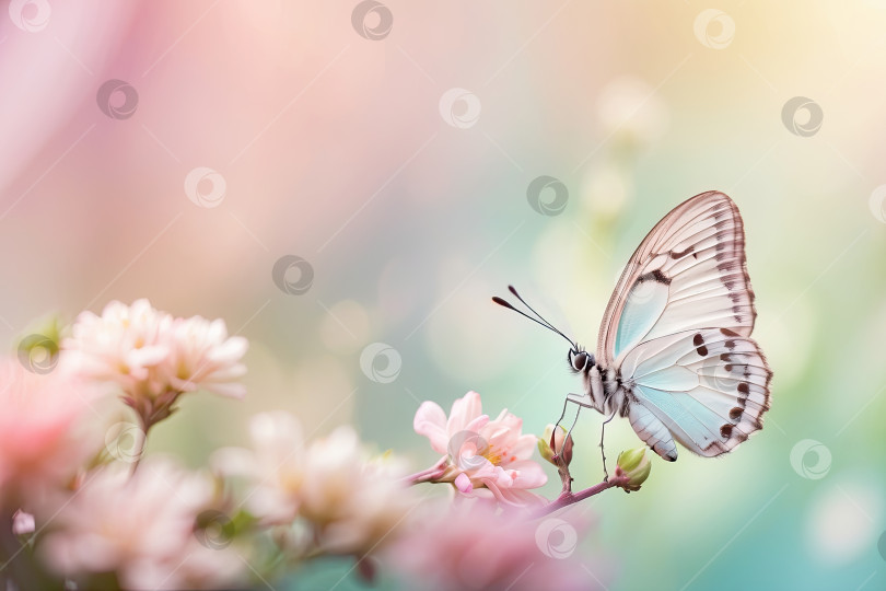 Скачать Бабочки пастельных тонов на нежных весенних цветах в поле с пробелом для текста. Время весны. Сгенерировано искусственным интеллектом фотосток Ozero
