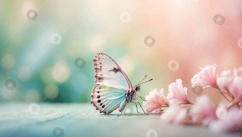 Скачать Бабочки пастельных тонов на нежных весенних цветах в поле с пробелом для текста. Время весны. Сгенерировано искусственным интеллектом фотосток Ozero