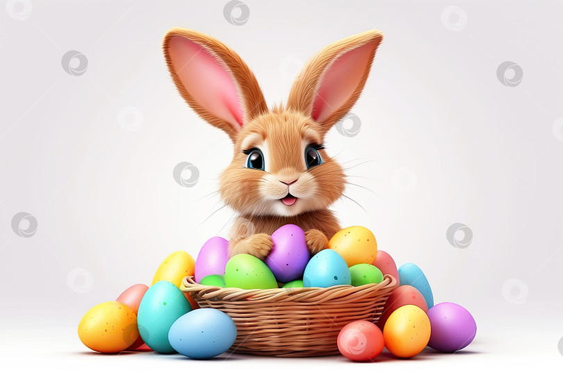 Скачать Милый пасхальный кролик с корзинкой яиц и весенними цветами - это иллюстрация детского персонажа на белом фоне, традиционная праздничная открытка. Сгенерированная искусственным интеллектом фотосток Ozero