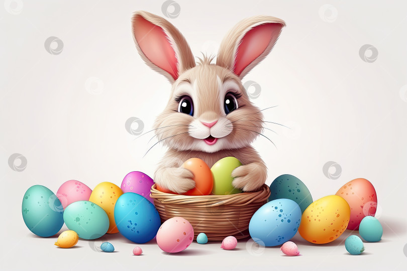 Скачать Милый пасхальный кролик с корзинкой яиц и весенними цветами - это иллюстрация детского персонажа на белом фоне, традиционная праздничная открытка. Сгенерированная искусственным интеллектом фотосток Ozero