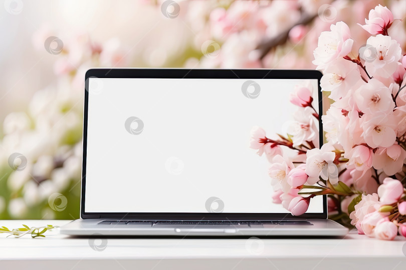 Скачать Макет ноутбука с белым экраном на фоне весеннего цветения на столе в яблоневом саду. Сезонная удаленная работа, интернет, шоппинг, весеннее время. Искусственный интеллект сгенерирован фотосток Ozero