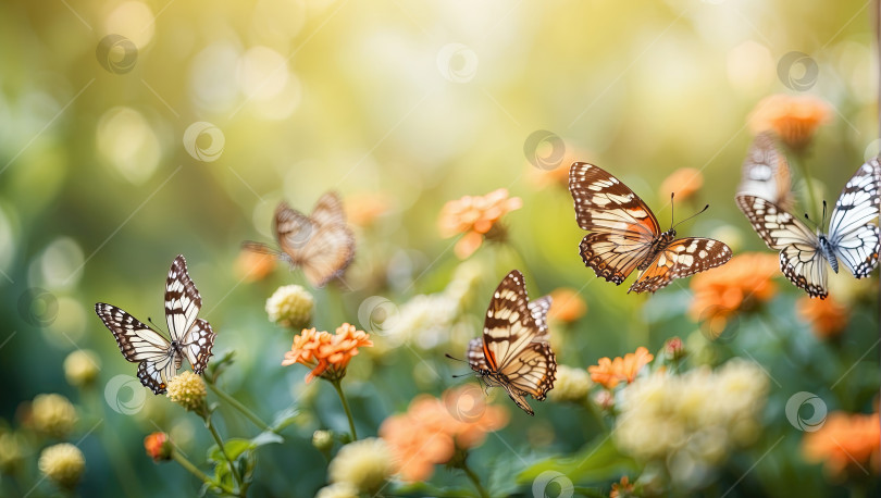 Скачать Бабочки насыщенного яркого цвета на весенних и летних полевых цветах в поле с пробелом для текста. Весеннее время, летнее время. Сгенерировано искусственным интеллектом фотосток Ozero