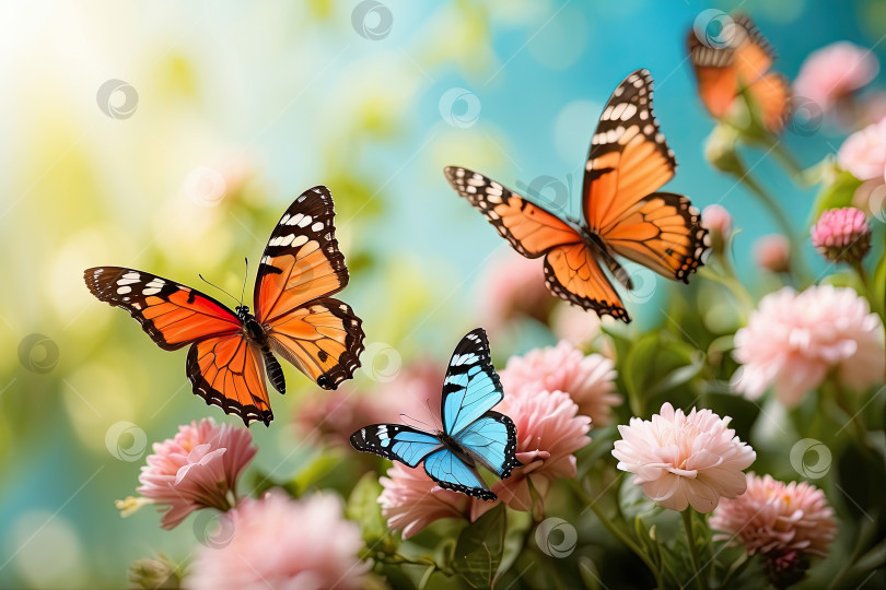 Скачать Бабочки насыщенного яркого цвета на весенних и летних полевых цветах в поле с пробелом для текста. Весеннее время, летнее время. Сгенерировано искусственным интеллектом фотосток Ozero