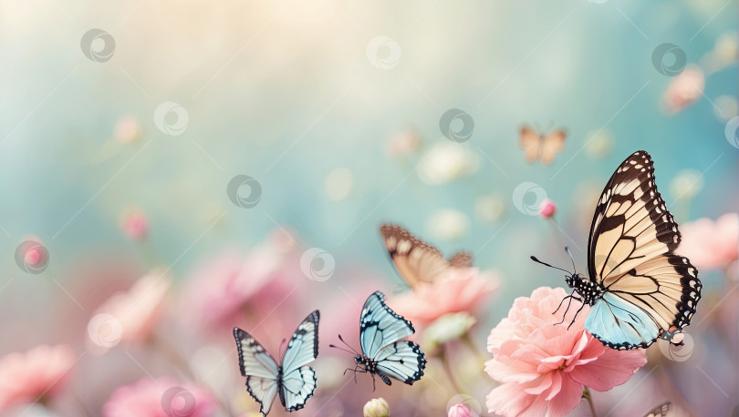 Скачать Бабочки насыщенного яркого колорита на весенних и летних полевых цветах в поле с пространством для текста. Весеннее время, летнее время. Сгенерировано искусственным интеллектом фотосток Ozero