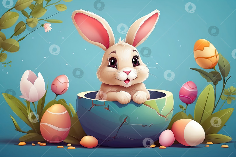 Скачать Милый пасхальный кролик с корзинкой яиц и весенними цветами - это иллюстрация детского персонажа, традиционная праздничная открытка на цветном фоне. Сгенерированная искусственным интеллектом фотосток Ozero