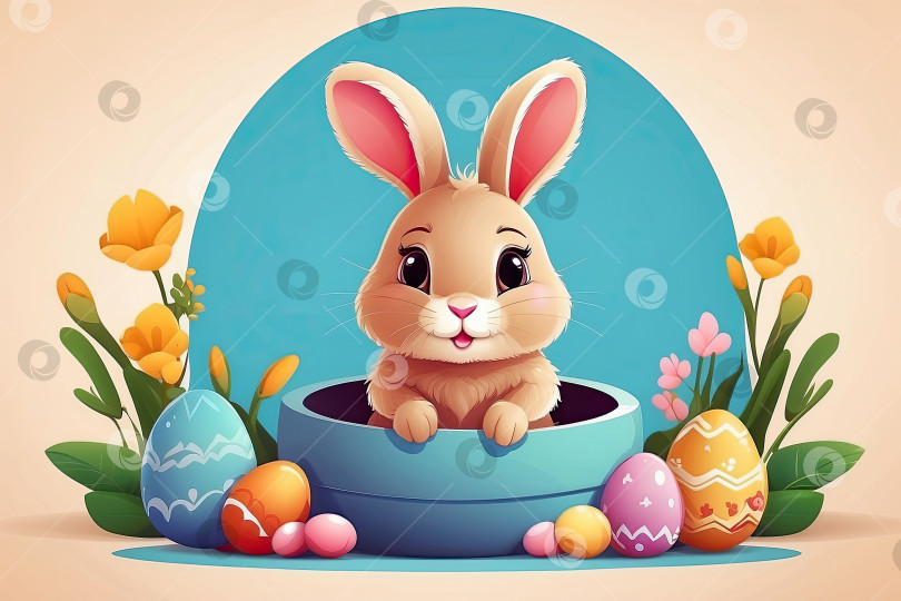 Скачать Милый пасхальный кролик с корзинкой яиц и весенними цветами - это иллюстрация детского персонажа, традиционная праздничная открытка на цветном фоне. Сгенерированная искусственным интеллектом фотосток Ozero