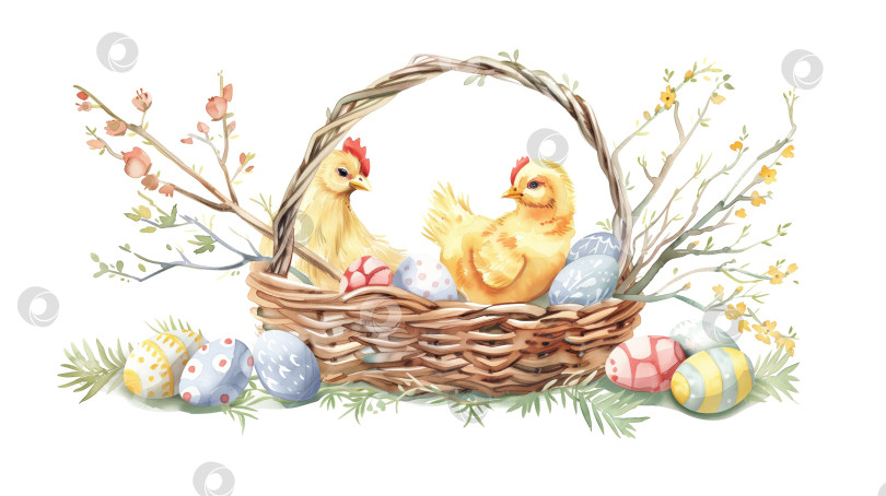 Скачать Акварельные винтажные пасхальные яйца ручной работы в плетеной корзине с курицей на белом фоне. Для оформления открыток, плакатов, баннеров фотосток Ozero